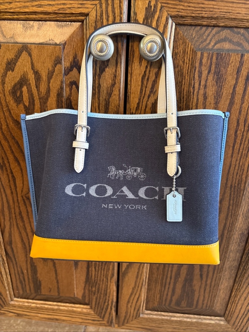 Coach Navy Canvas Tote with Yellow Trim and Light Cream Handles